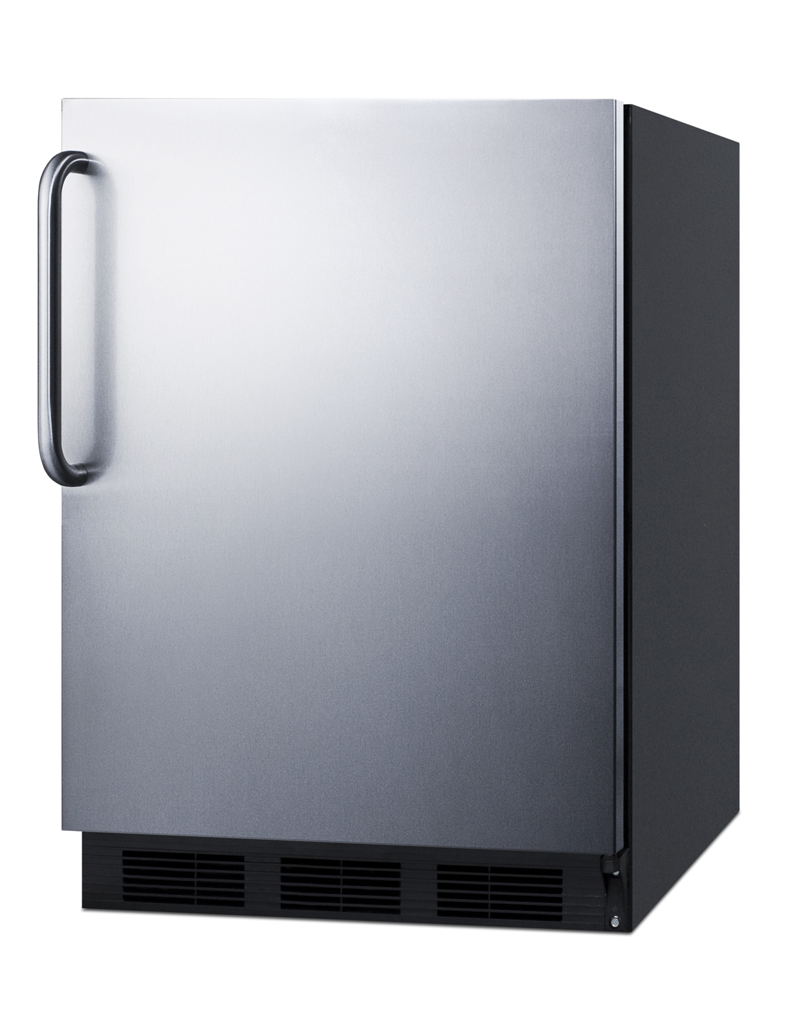 Commercially listed freestanding all-refrigerator for general purpose use, auto defrost w/SS wrapped door, towel bar handle, and black cabinet